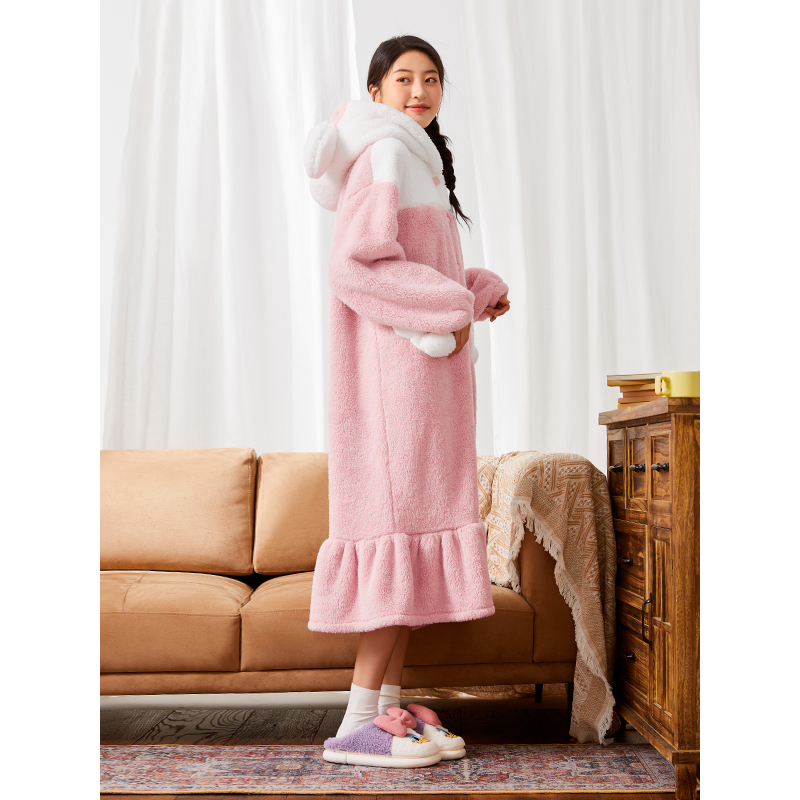 热风春冬季新款女趣味毛绒卡通睡裙保暖家居服可爱长裙睡衣
