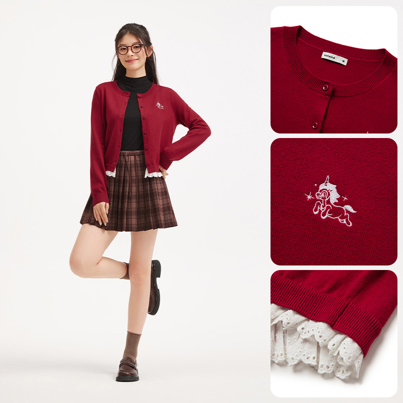 【迪士尼系列】热风2026年春季新款女士小飞马针织衫新年红色上衣
