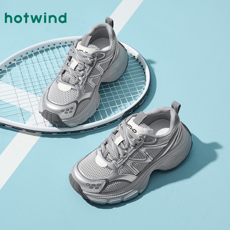 热风厚底老爹鞋女款2025年秋季新款复古运动休闲鞋百搭银灰色女鞋 - 图3