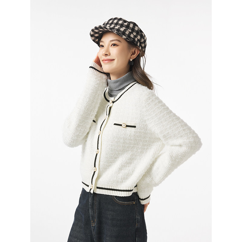 热风针织衫冬季新款女士精致绒感针织衫小香风圆领开衫外套,淘宝优惠券,粉丝福利购,淘宝优惠卷