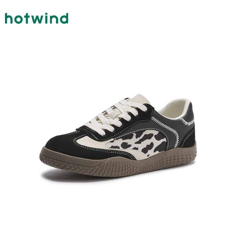 热风平底德训鞋女款2025年秋季新款黑色豹纹户外休闲板鞋拼色女鞋,淘宝优惠券,粉丝福利购,淘宝优惠卷