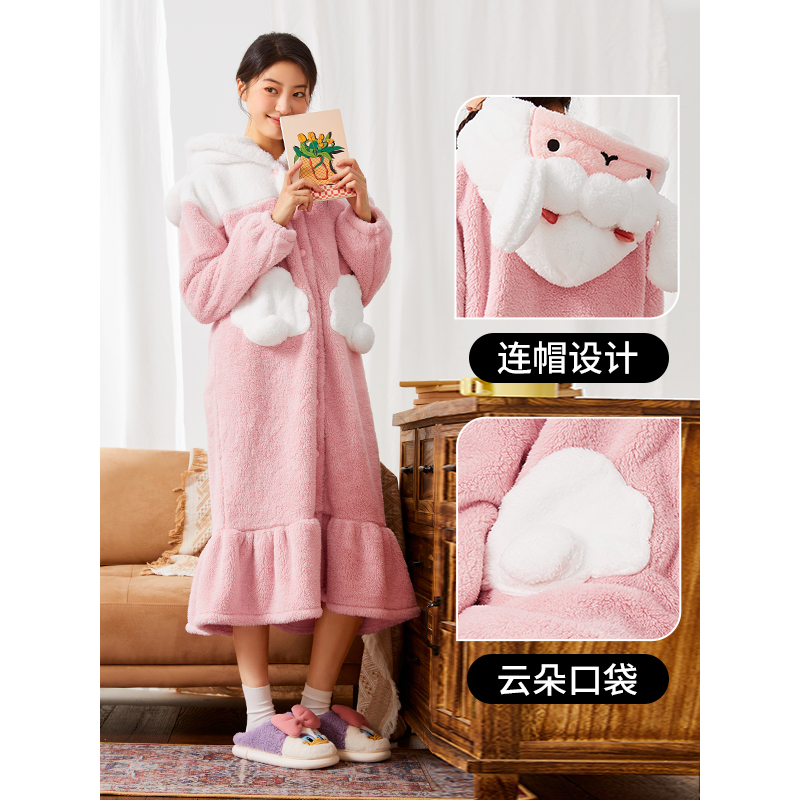 热风春冬季新款女趣味毛绒卡通睡裙保暖家居服可爱长裙睡衣