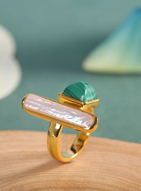 人品银品S925银孔雀石淡水珍珠几何戒指ins冷淡风开口可调节指环