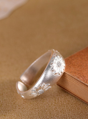 人品银品 足银999.9时尚轻奢小众向日葵指环简约小清新开口戒指