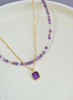 法式小众浪漫紫色水晶吊坠香芋紫珍珠串珠叠戴时尚可拆百搭项链女