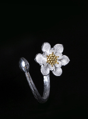 素十八s925银复古国潮花卉指环女时尚简约荷花活口戒指古风手饰品