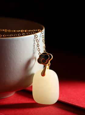 人品银品S925银镀金项饰国风设计烧蓝祥云和田玉项链吊坠无事牌