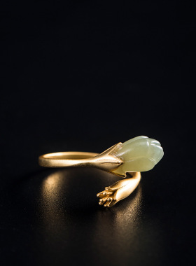 素十八s925银复古简约花卉和田玉指环时尚国潮个性玉兰花活口戒指