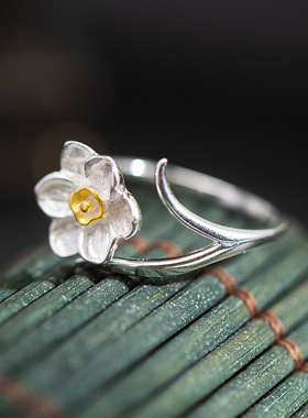 素十八s925银原创设计国潮花卉指环女时尚个性跨境水仙花活口戒指
