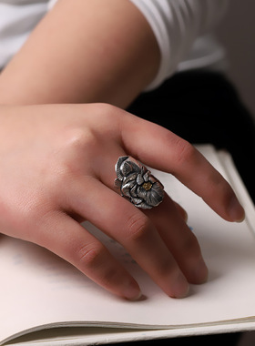 足银999手工牡丹戒指开口女式指环錾刻镶金泰银复古手饰