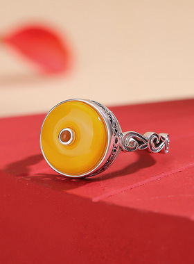 悦宝珠宝蜜蜡S925纯银南红复古平安扣卷草纹小众民族风可调节戒指