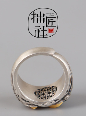 时尚925银镶嵌天珠吐宝鼠戒指 文玩手作diy指环饰品 节日礼物