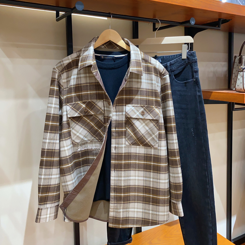 保罗彼得专柜正品男士长袖格子加绒衬衫翻领 时尚百搭HYDC59490 - 图0