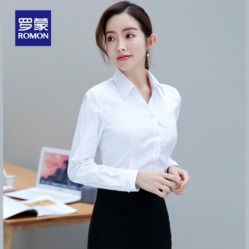 【官方正品】罗蒙女士长袖衬衫春季新款职业工装上衣翻领百搭衬衣_虎窝淘