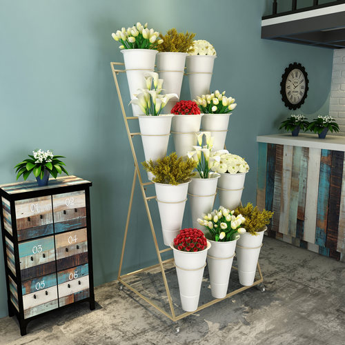 恒延北欧金色大号花店花架可移动铁艺多层鲜花展示架塑料花桶架子