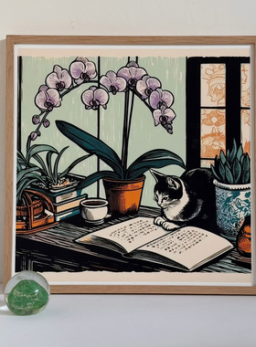 liveart 兰花草猫咪读书Herb Trimpe自然沉思原版装饰画