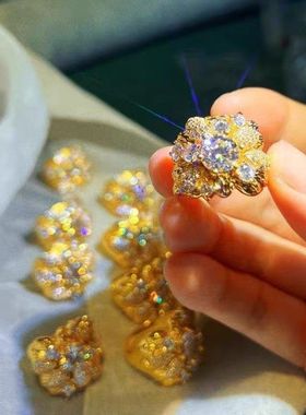 13克左右重工意大利古董风925银黄金色2克拉莫桑钻戒指女简约时尚