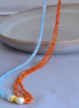 国潮新中式小众复古清新海蓝刻面真石串珠淡水珍珠个性气质项链女