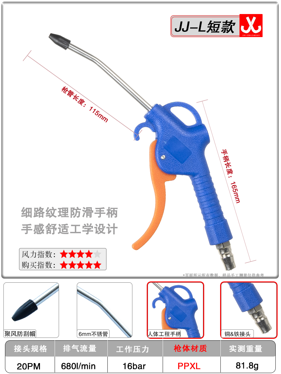 杰将JJL吹风枪除灰除尘蓝黄气枪6mm毫米不锈钢管气动清洁工具 - 图1
