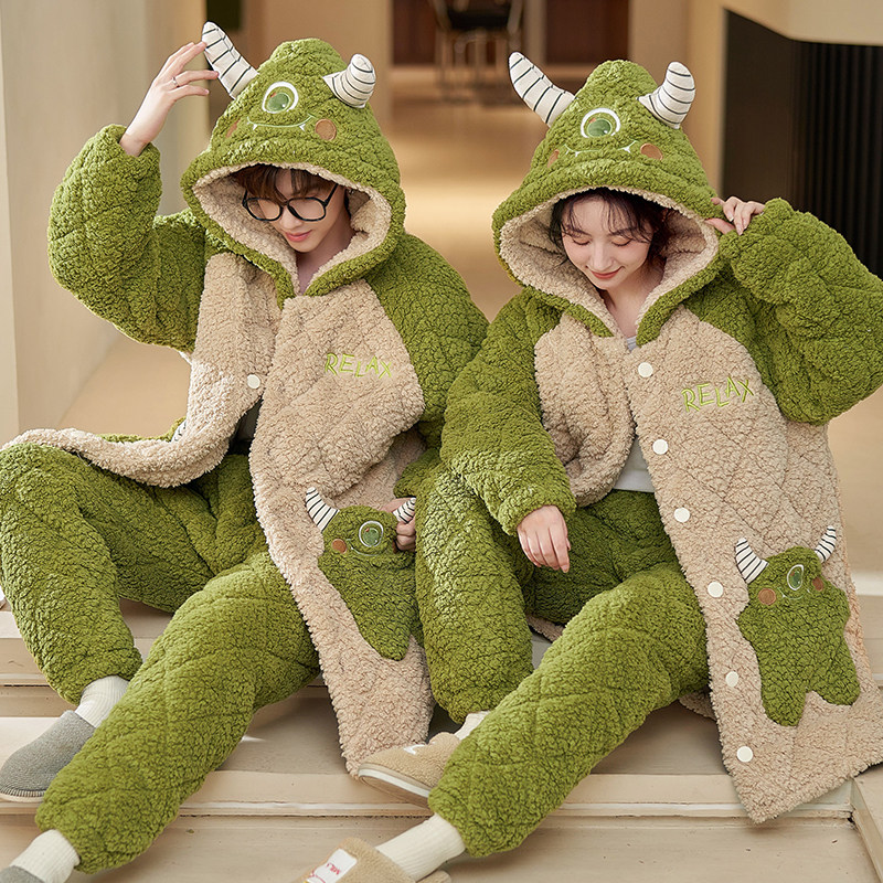 浪莎情侣睡衣女冬季三层加厚加绒夹棉珊瑚绒男士中长款家居服套装,淘宝优惠券,粉丝福利购,淘宝优惠卷