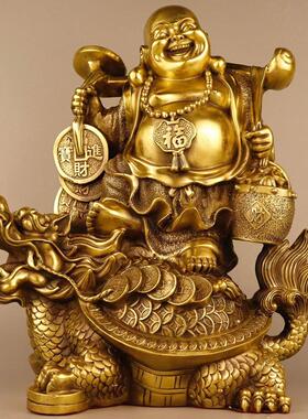 弥勒佛摆件黄铜龙龟笑佛大肚佛金币佛骑龙笑佛客厅装饰办公室礼品