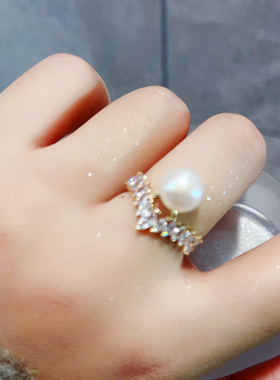 魅芽仙骨贵气感珍珠锆石开口戒指
