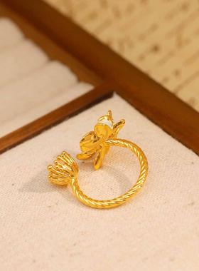 中古风vintage清新蓝色滴釉小花戒指开口可调节淡水珍珠个性指环