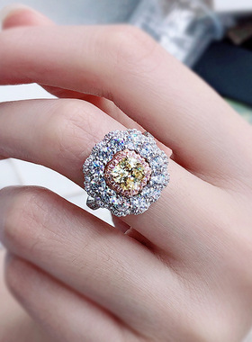 黄撞粉 2克拉主石雷迪恩黄钻宝石戒指 女 奢华仿真钻戒