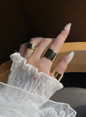 ins网红简约冷淡S925纯银光面宽边戒指潮人个性百搭食指开口戒子