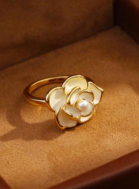 滴釉山茶花戒指女白色2025年新款爆款食指环轻奢小众首饰甜美饰品