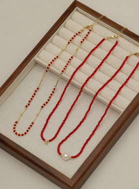 秋冬新款红色系列时尚毛衣链串珠链高级感时尚搭配锁骨链叠戴项链