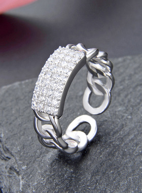 韩国小清新潮流指环食指戒S925银镶钻麻花开口戒指女时尚简约饰品