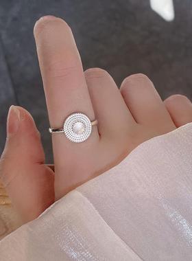 S925纯银黑白玛瑙草帽戒指女小众独特时尚百搭指环女开口可调节