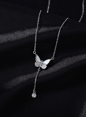 胖胖s999纯银流苏蝴蝶项链高级感设计轻奢风闪钻流苏贝母锁骨链女