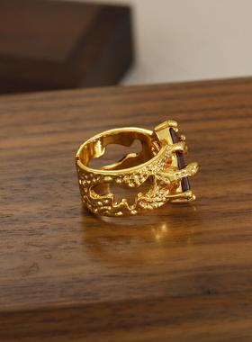 复古火山岩肌理宝石戒指ins高级感轻奢冷淡风金属质感食指戒指环