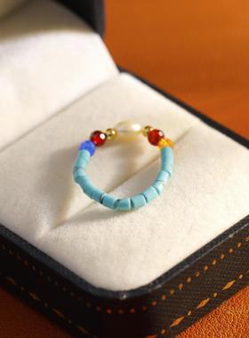 极细天然绿松石戒指女轻奢高级感小众设计淡水珍珠指环2025年新款