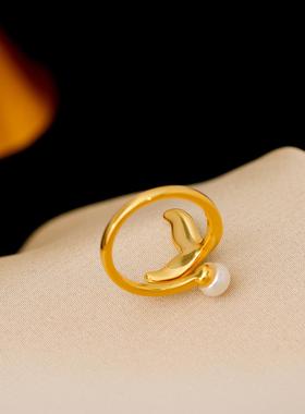 天然淡水珍珠戒指女 奶油甜美风珐琅彩鱼尾食指戒开口可调节戒指