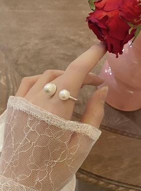 韩版INS小众设计感U形淡水珍珠戒指纯银S925重工皱褶开口指环