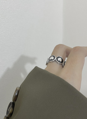 重工S925纯银爱心涂鸦珐琅滴胶工艺黑色元素戒指韩版ins性冷淡风