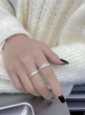 银韩阁 韩版简约小众S925纯银不规则手工捶打凹凸形状戒指指环