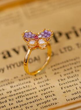新中式古风紫色蝴蝶戒指女天然巴洛克珍珠花朵食指戒水晶指环戒子