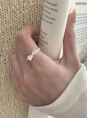 S925纯银蝴蝶结戒指女轻奢时尚小众镶钻指环极简百搭开口可调节