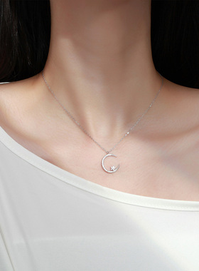 胖胖s999纯银星月项链轻奢设计月亮星星纯银项链镶钻高级感锁骨链