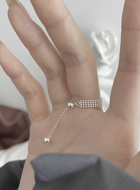 日韩设计可调节戒指s925纯银抽拉式四层光珠可调节指环女ins潮