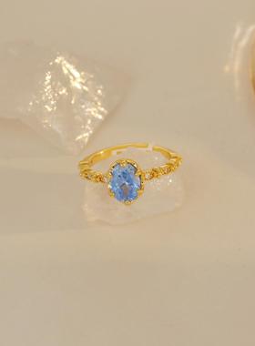戒指女小众设计金色开口戒轻奢蓝色锆石简约百搭指环2023年新款潮
