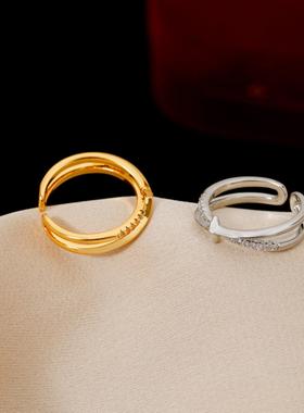 交叉双环戒指女 小众设计感ins微镶食指开口戒夏季时尚气质指环女