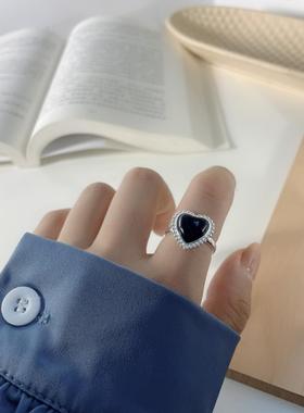 韩式轻奢ins复古S925纯银心形戒指黑玛瑙桃心爱心活口百搭指环女