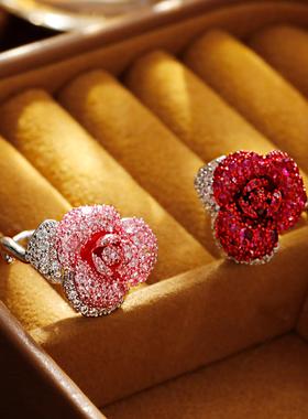 复古港风红色玫瑰戒指时尚气质轻奢超闪百闭口指环2025年爆款