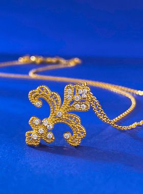 珠宝 S925银镀金中古风金色鸢尾花吊坠新中式国潮古法项链女