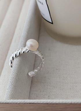 欧美气质优雅chic风几何S925纯银天然珍珠麻花设计造型戒指女生